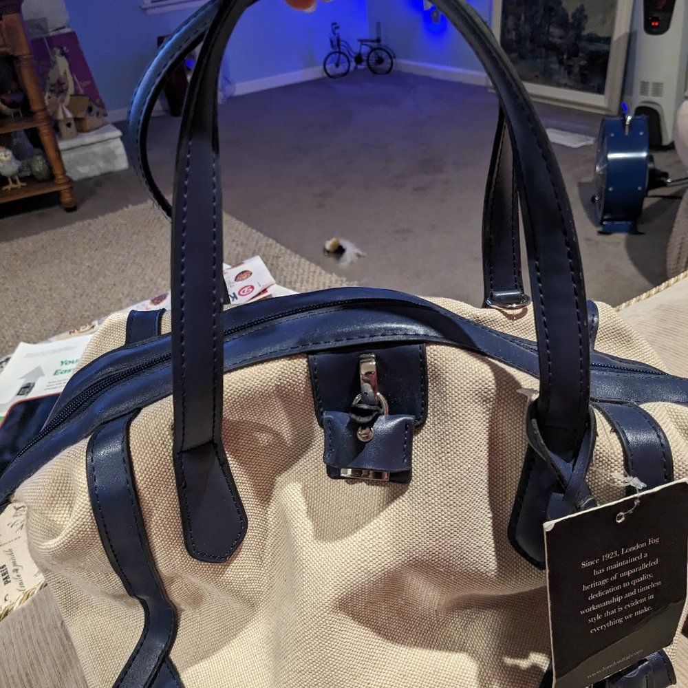 London Fog Signature lock and key Bag navy tweed NWT